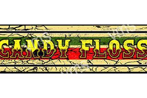Vintage-style logo with 'SANDY FLO' text in yellow, red, and green on a cracked beige background.