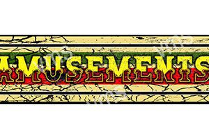 Vintage marquee sign with 'AMUSEMENT' in bold, colorful letters.