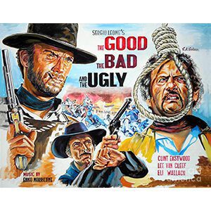 Classic movie poster of The Good, the Bad and the Ugly featuring three iconic characters.