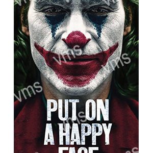 A close-up of a Joker face with makeup and a red smile.