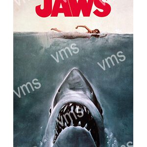 Iconic movie poster of a shark approaching swimmers from below.
