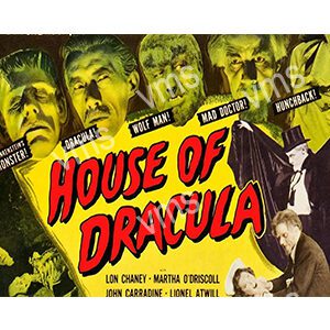 Classic horror movie poster for House of Dracula with eerie faces and bold title.