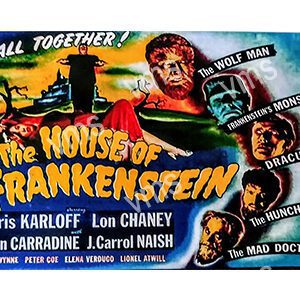 Vintage movie poster for 'The House of Frankenstein' featuring classic horror characters.