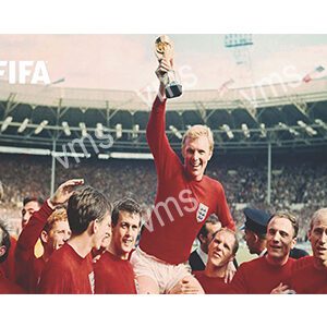 Football captain lifts World Cup trophy in celebration.