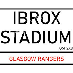Ibrox Stadium signboard in Glasgow, home of Rangers FC.