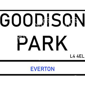 Goodison Park sign with Everton link and postal code.