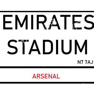 Sign reading 'Emirates Stadium' with 'Arsenal' below.