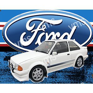 Classic white Ford Sierra Cosworth with a large rear wing in front of a Ford logo.