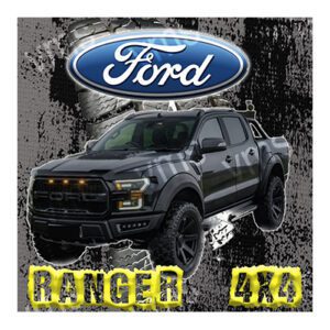 Black Ford Ranger 4x4 parked with a rugged background.