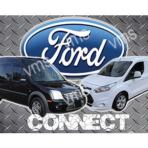 Two Ford Connect vans, one black and one white, displayed against a Ford logo backdrop.