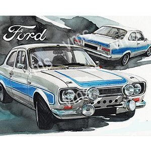 Classic Ford rally car with sporty blue and white design.