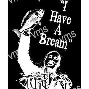 Black and white illustration of a man holding a fish with text.
