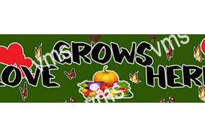 A colorful fall banner with pumpkins and flowers saying "Love Grows Here."