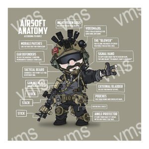 Cartoon soldier equipped with airsoft gear and tactical accessories.