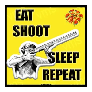 Illustration of a person shooting with text Eat Shoot Sleep Repeat.