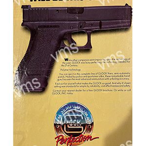 A black pistol displayed on a yellow background with descriptive text and a logo.