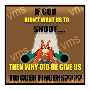 Cartoon character questions why God gave humans trigger fingers if He didn't want them to shoot.