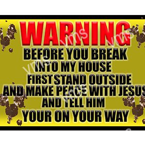 Warning sign with a religious message about trespassing and peace.