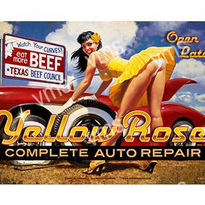 Retro-style pin-up girl posing by a classic car and auto repair sign.