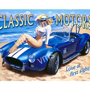 A retro blue sports car on a beach with a woman in a sunhat.
