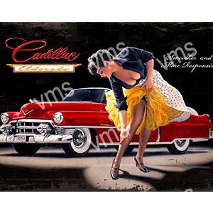 Vintage Cadillac with a pin-up style woman in a yellow skirt.