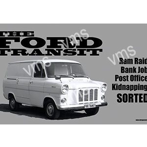Vintage Ford Transit van in black and white with text about a prize draw.
