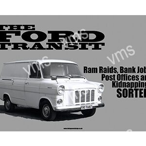 Black and white ad featuring a Ford Transit van and text about ram raids and post offices.