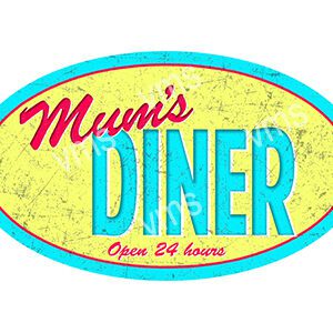 A vintage-style sign for Mum's Diner, open 24 hours.