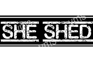 Grungy black and white 'THE SHED' text graphic.
