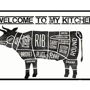Diagram of beef cuts labeled on a cow illustration with a kitchen welcome message.