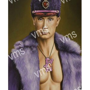 Man in purple fur coat and hat with a pendant necklace.