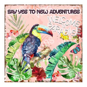 Colorful toucan amidst tropical leaves with welcome message.