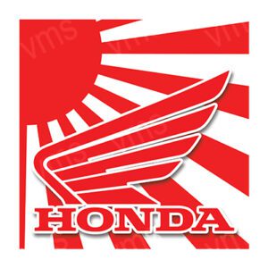 Honda logo with red wing design and rising sun background.