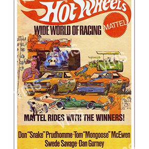 Vintage Hot Wheels racing poster featuring colorful cars and drivers.