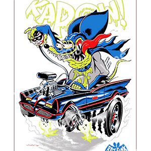 Cartoon character driving a hot rod car with excitement.