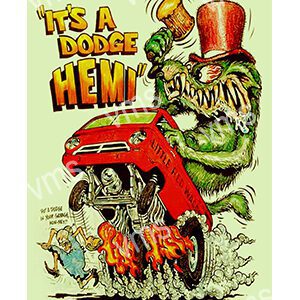 Cartoon monster excitedly holding a Dodge HEMI engine with racing cars below.