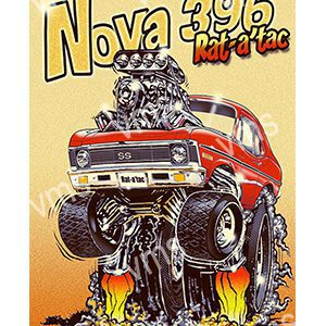 Cartoon of a red Nova 4x4 truck crushing a car with flames underneath.