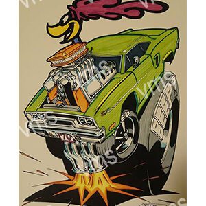 Cartoon of a green muscle car with large rear tires and a roaring engine.