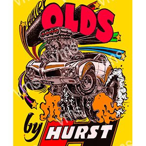 Vintage car advertisement featuring a hot rod and bold text.