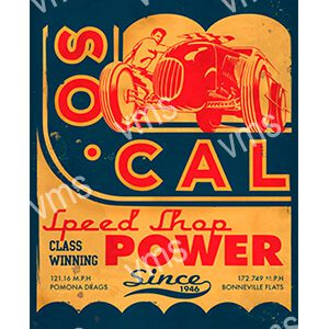 Retro-style poster promoting SoCal with a classic car and bold typography.
