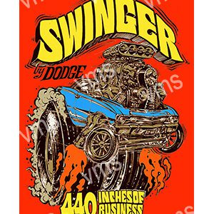 Vintage ad for Swinger wood chippers with bold colors and detailed illustration.