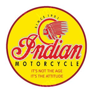 Vintage Indian Motorcycle logo with red and yellow colors.