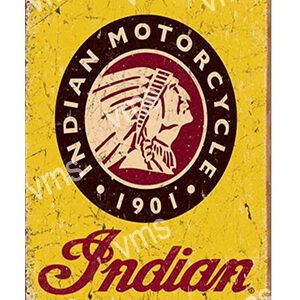 Vintage Indian Motorcycle logo from 1901 on yellow background.