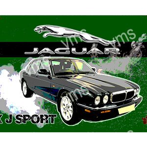 Classic black Jaguar XJ Sport with a sleek design on a green background.