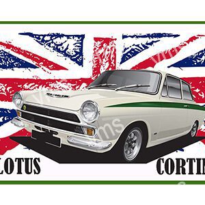 Classic Lotus Cortina car with British flag backdrop.
