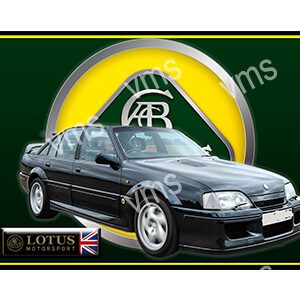 1980s Lotus Carlton luxury sports sedan in black with Union Jack badge.