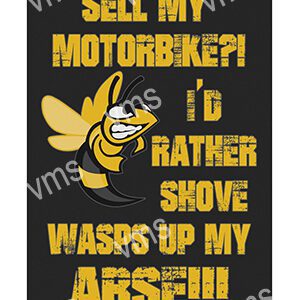 A humorous graphic with a wasp and bold text about motorcycles and wasps.