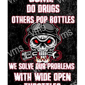 A graphic with a skull wearing goggles and a helmet, with a bold text message about solving problems with wide open throttles.