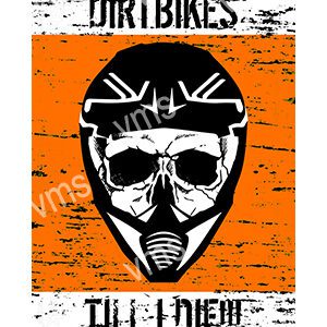 Graphic skull wearing a motocross helmet on an orange background.