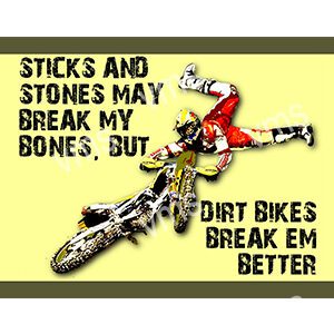 Motocross rider performing a stunt with an inspiring message about dirt bikes.